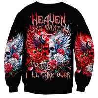 Black crewneck sweatshirt with skull, winged hearts, roses, and multicolor front graphic