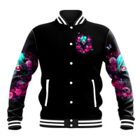 Black baseball jacket with front skull-and-rose patch, button placket, and striped ribbing