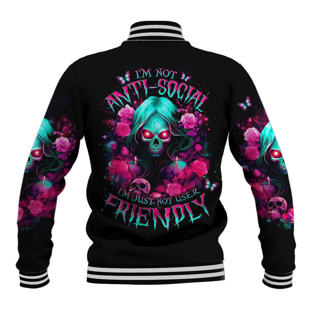 Black baseball jacket with back skull-and-rose graphic and striped ribbed collar cuffs