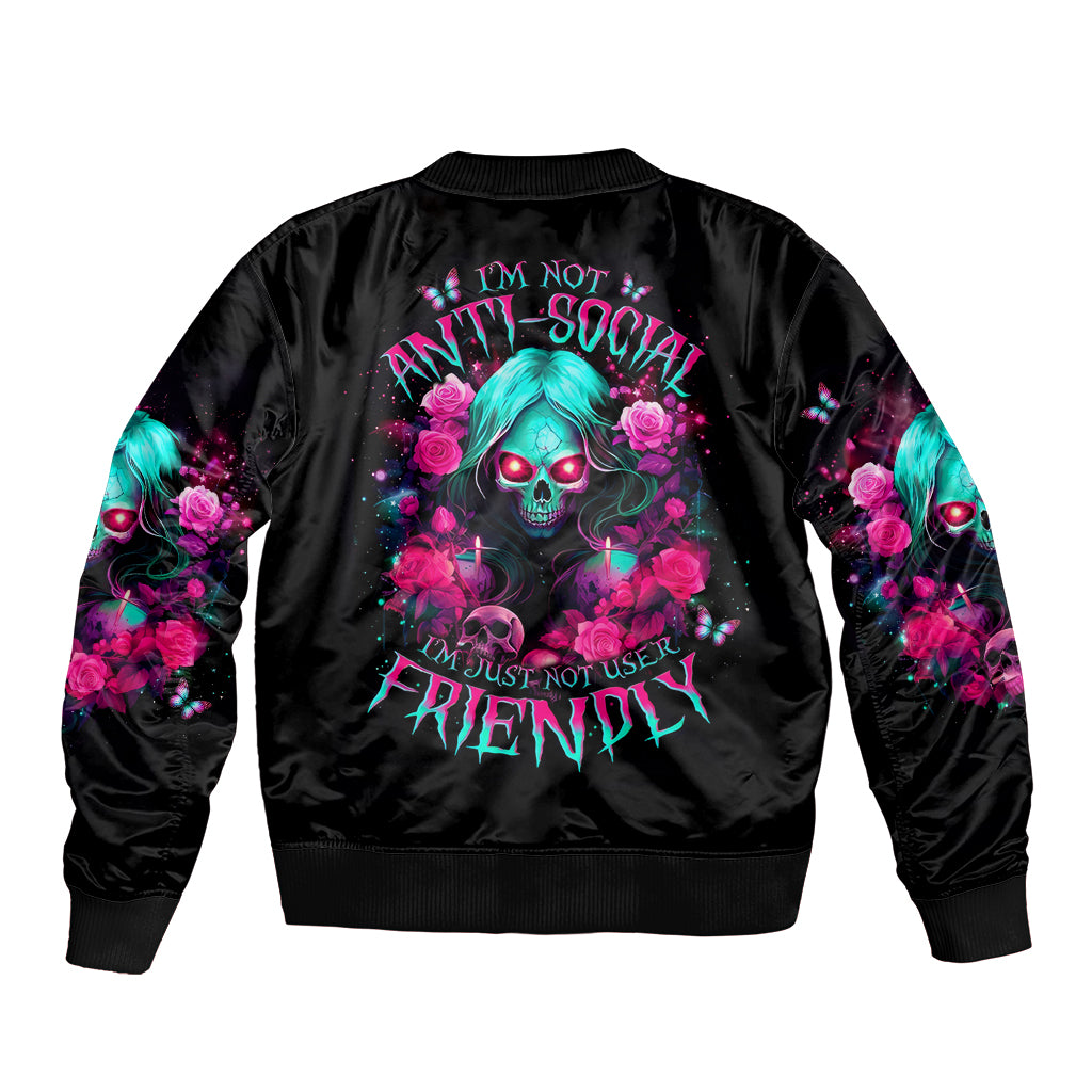 Rose Skull Bomber Jacket I'm Not Anti-Social I'm Just Not User Friendly - Wonder Print Shop