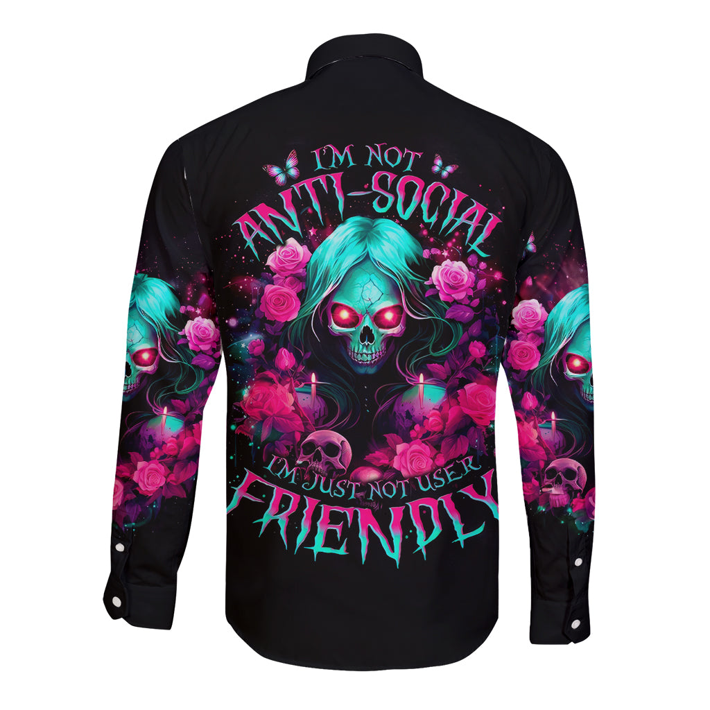 Rose Skull Long Sleeve Button Shirt I'm Not Anti-Social I'm Just Not User Friendly - Wonder Print Shop