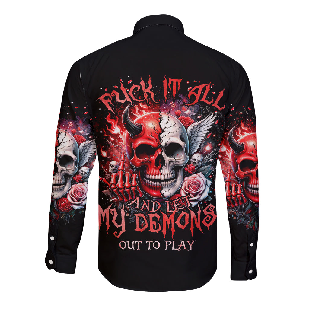 Evil Angel Skull Long Sleeve Button Shirt Fuck It All And Let My Demons Out To Play - Wonder Print Shop