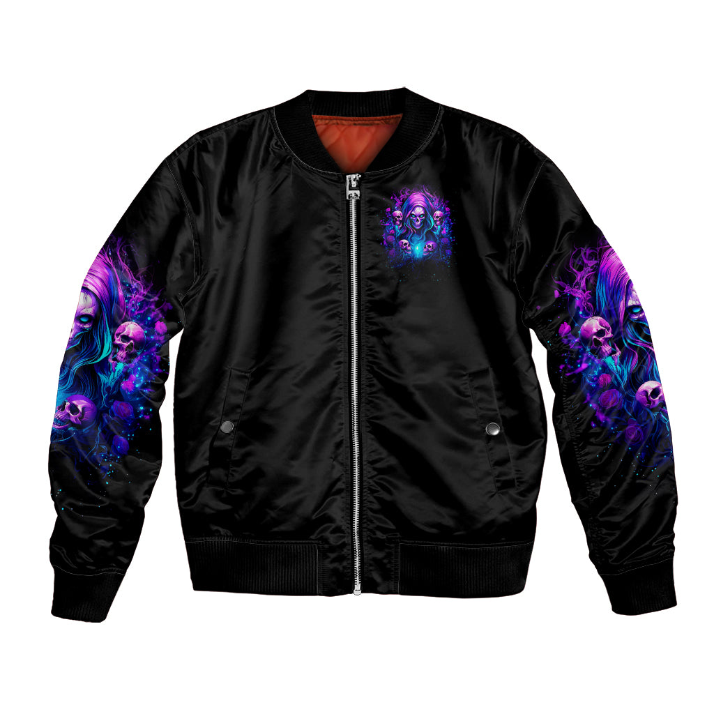 Black bomber jacket with front zipper and purple witch skull print, ribbed cuffs