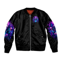 Black bomber jacket with front zipper and purple witch skull print, ribbed cuffs