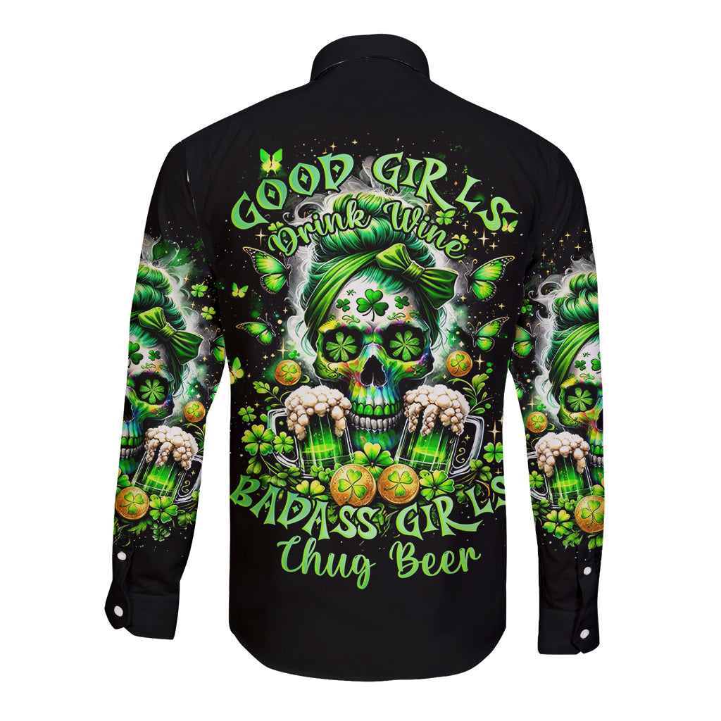 Irish Skull Long Sleeve Button Shirt Good Girls Drink Wine Badass Girls Thug Beer - Wonder Print Shop