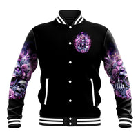 Black baseball varsity jacket with front skull patch, purple rose sleeves and striped ribbed hem