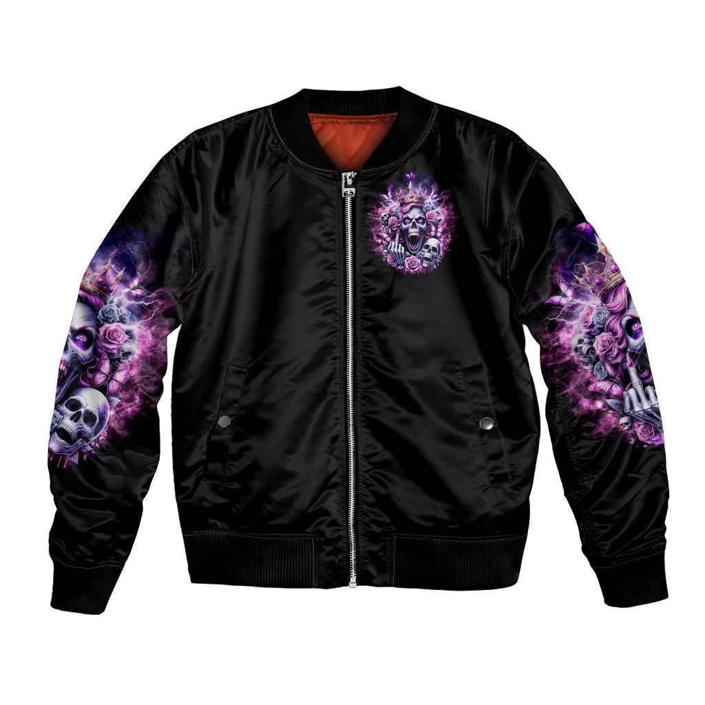 Black bomber jacket with front zip, queen skull graphic on chest, ribbed hem