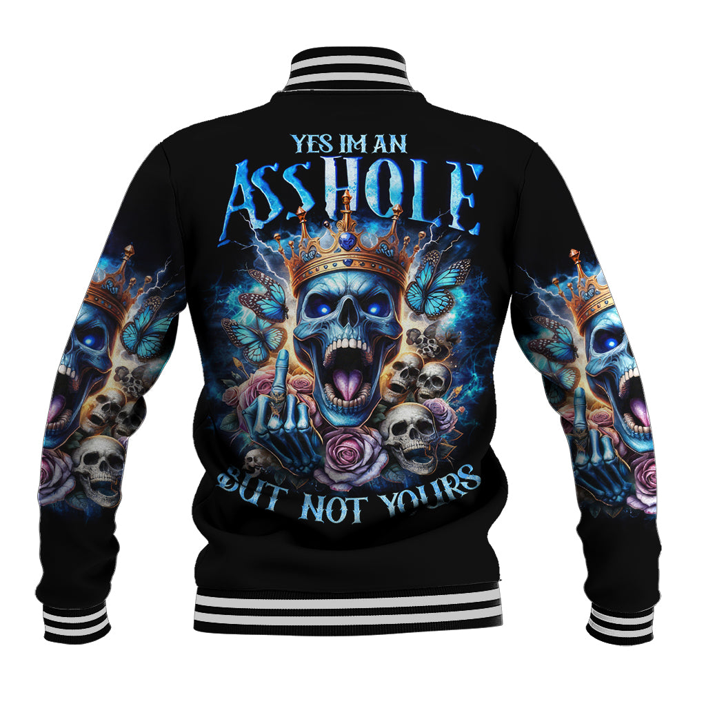 Black baseball jacket with striped ribbed collar and large blue skull back graphic