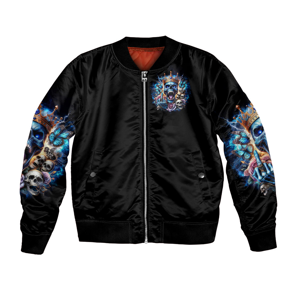 Black bomber jacket with blue skull front emblem and full-length zipper