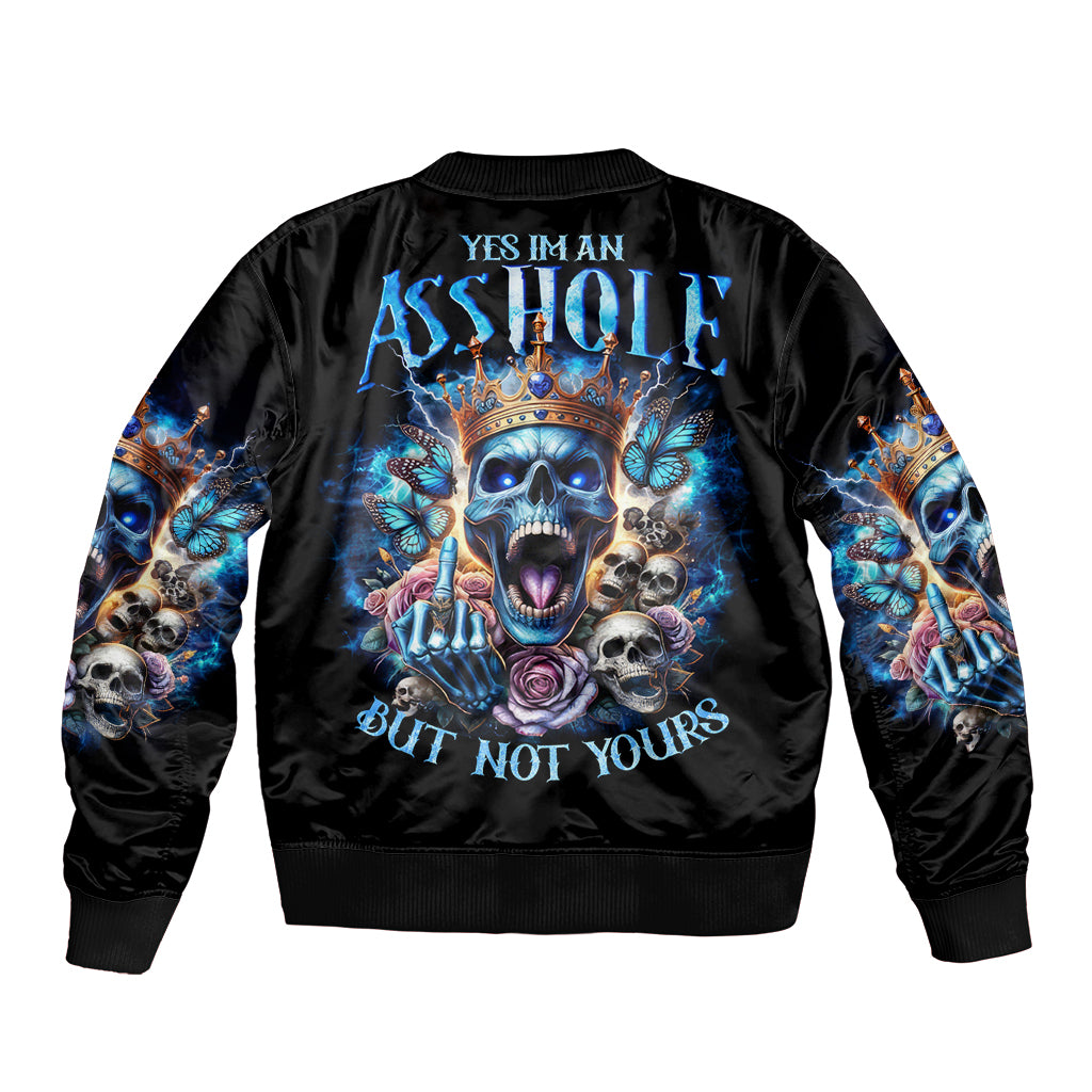 Black bomber jacket with blue skull graphic on back, ribbed collar and cuffs