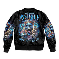 Black bomber jacket with blue skull graphic on back, ribbed collar and cuffs