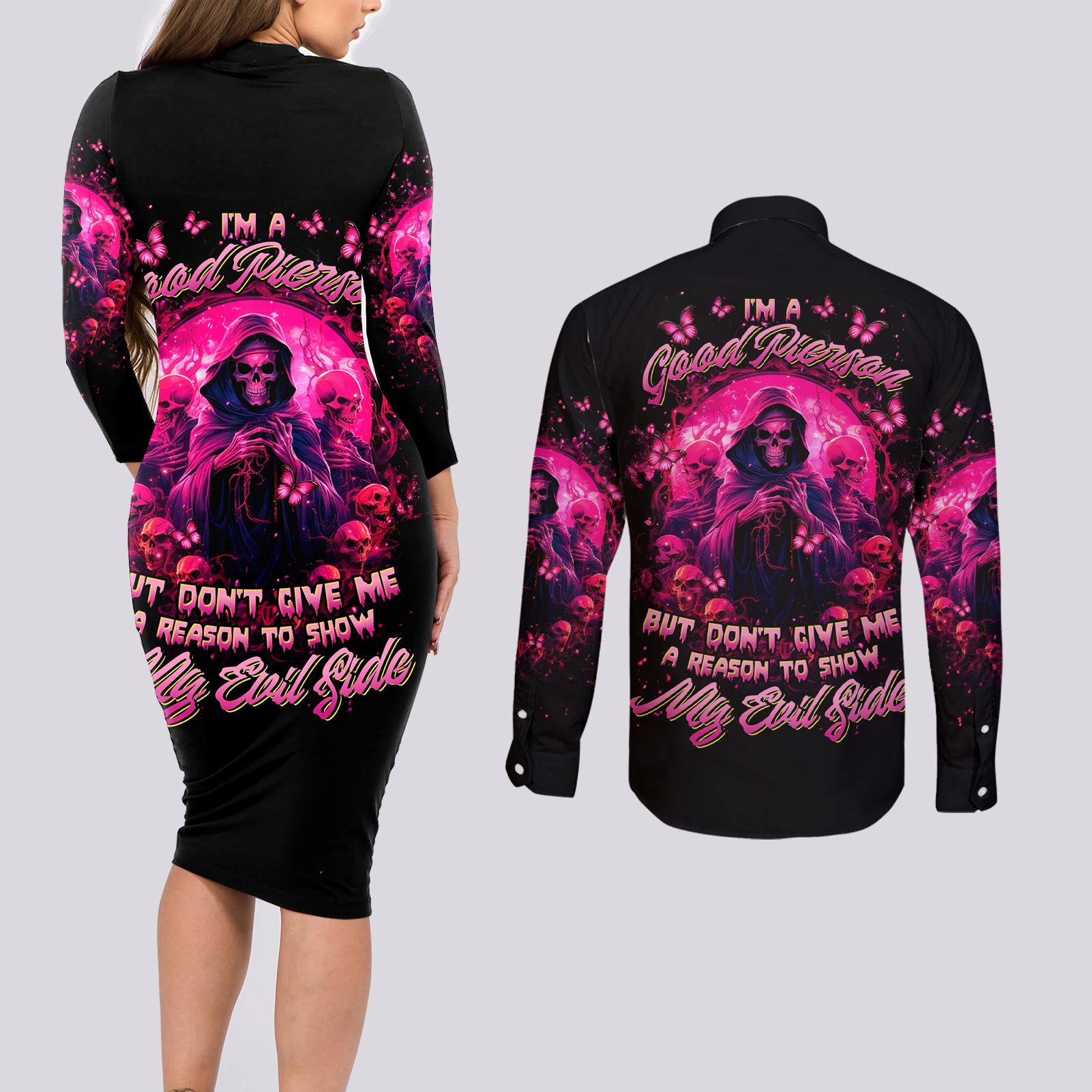 Reaper Skull Couples Matching Long Sleeve Bodycon Dress and Long Sleeve Button Shirt I'm A Good Person But Don't Give Me A Reason To Show My Evil - Wonder Print Shop