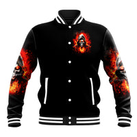 Black baseball jacket with flame skull front graphic, snap buttons, striped ribbed trim