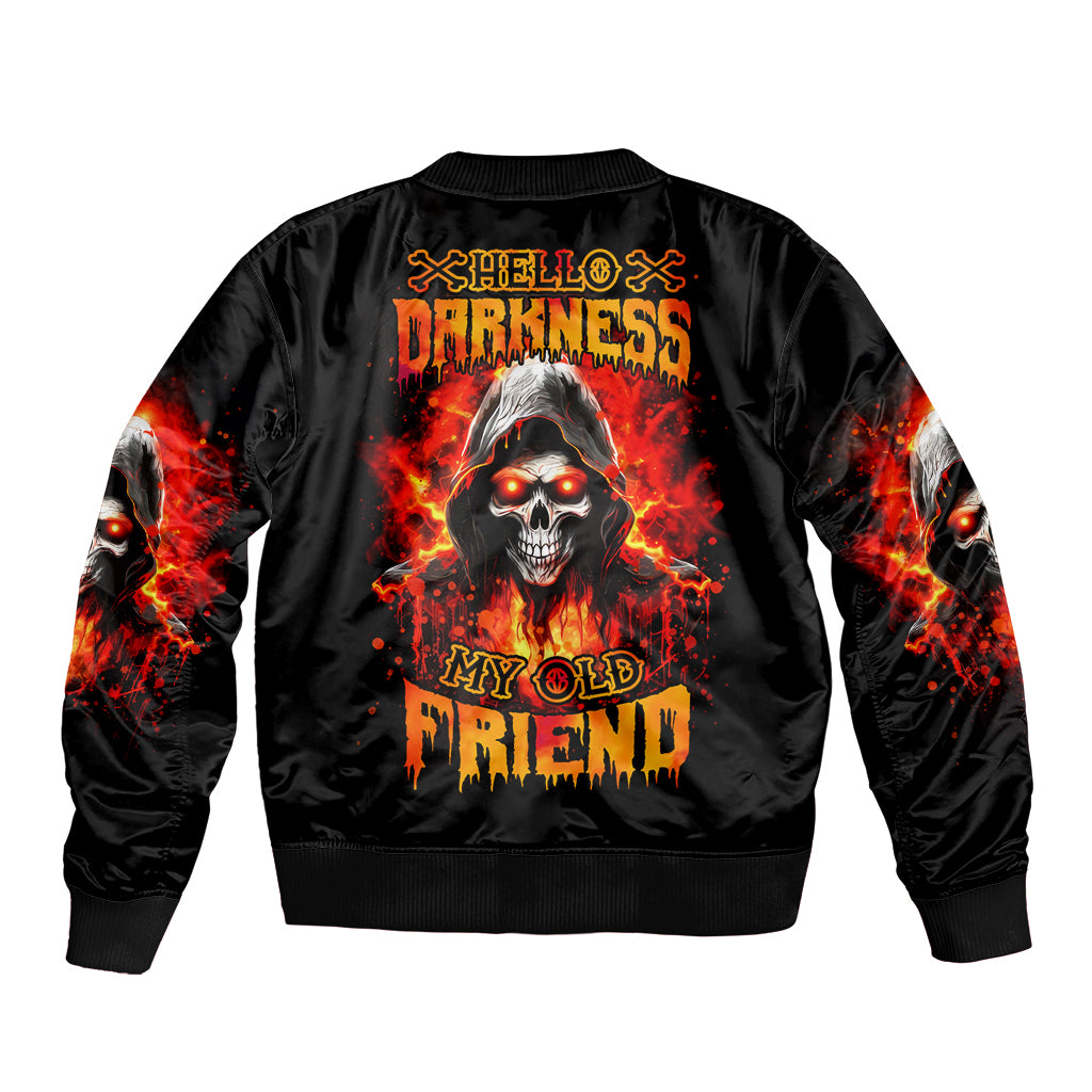Black unisex bomber jacket with flame skull graphic on back, ribbed collar and cuffs
