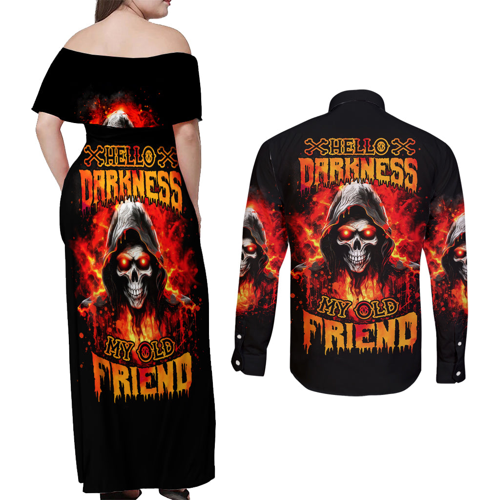 Flame Skull Couples Matching Off Shoulder Maxi Dress and Long Sleeve Button Shirt Hello Darkness My Old Friend - Wonder Print Shop