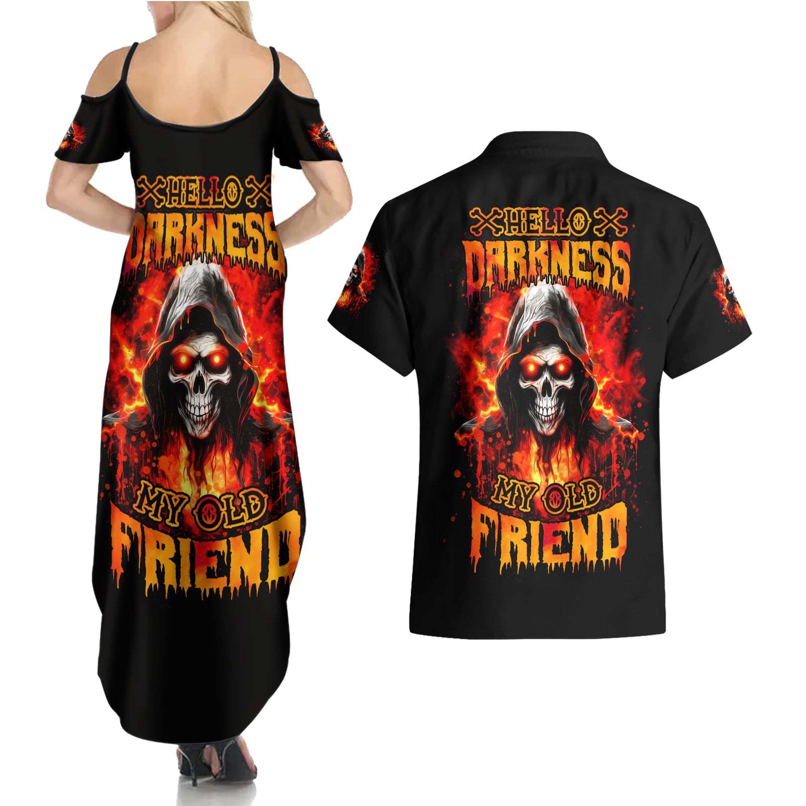 Flame Skull Couples Matching Summer Maxi Dress and Hawaiian Shirt Hello Darkness My Old Friend - Wonder Print Shop