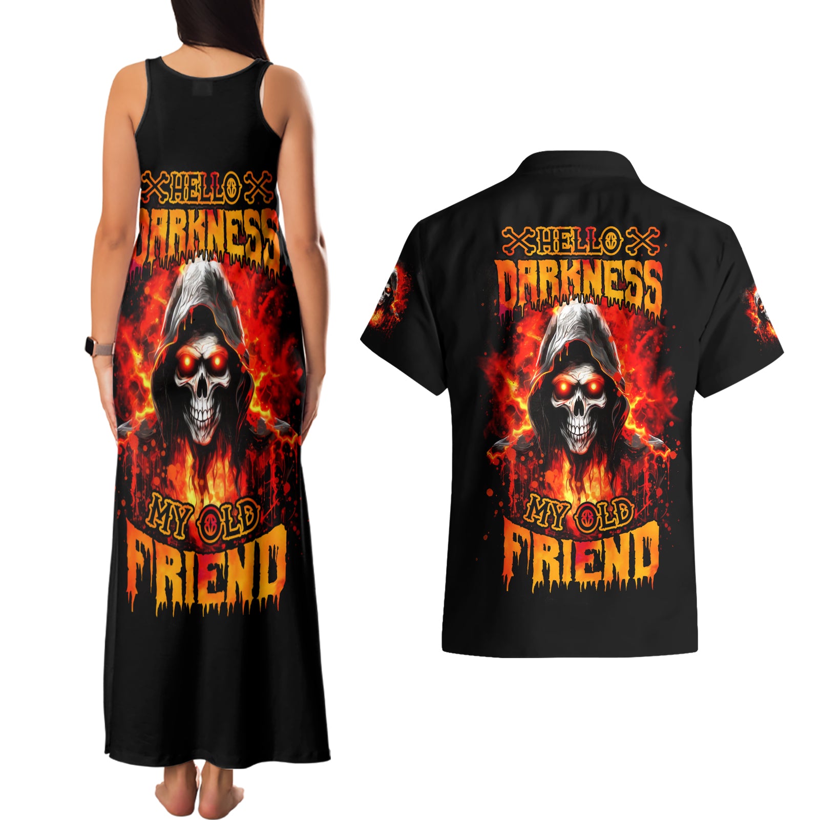 Flame Skull Couples Matching Tank Maxi Dress and Hawaiian Shirt Hello Darkness My Old Friend - Wonder Print Shop