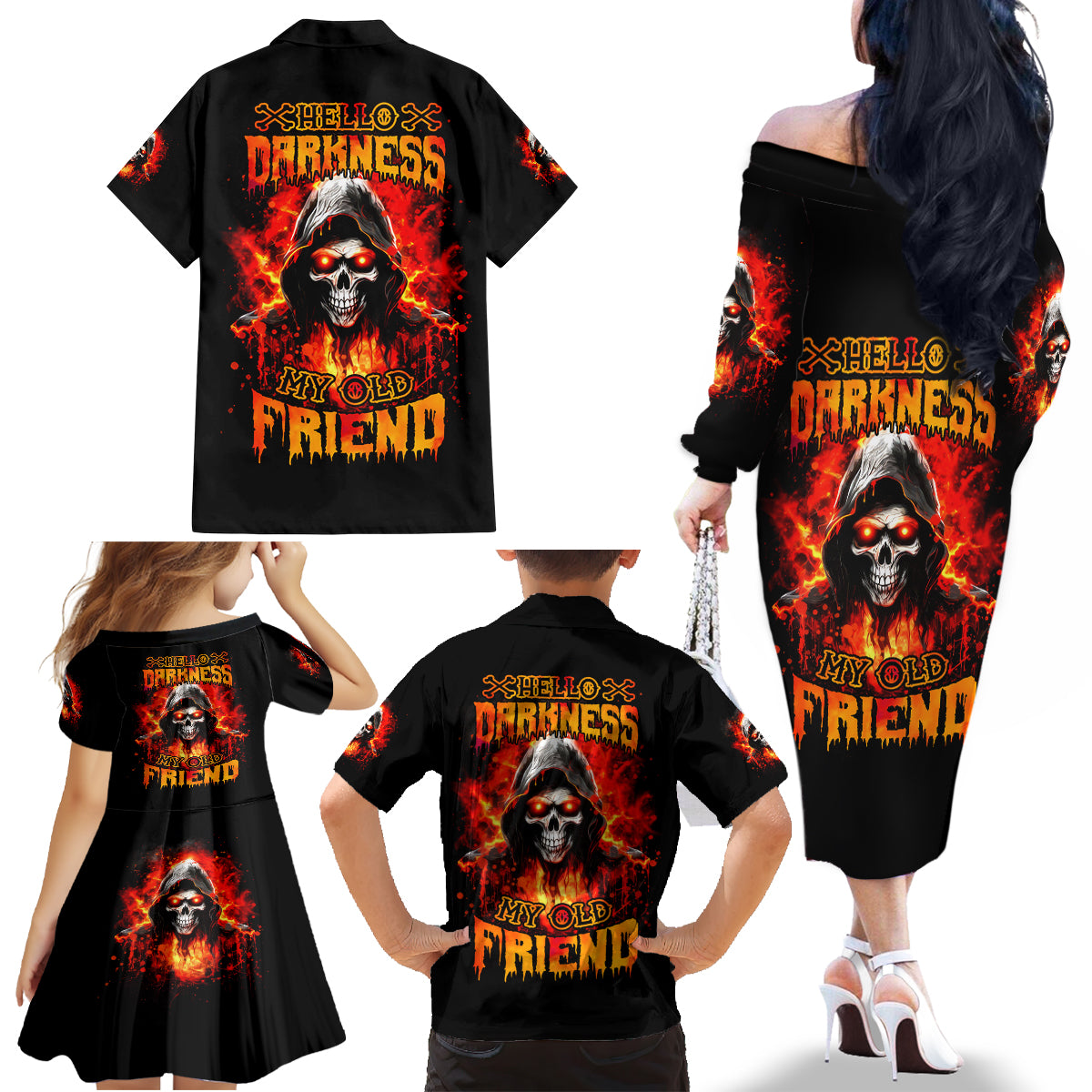 Flame Skull Family Matching Off Shoulder Long Sleeve Dress and Hawaiian Shirt Hello Darkness My Old Friend - Wonder Print Shop