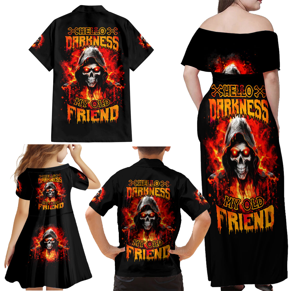 Flame Skull Family Matching Off Shoulder Maxi Dress and Hawaiian Shirt Hello Darkness My Old Friend - Wonder Print Shop