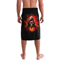 Black drawstring swim shorts with skull-and-flame graphic on the front