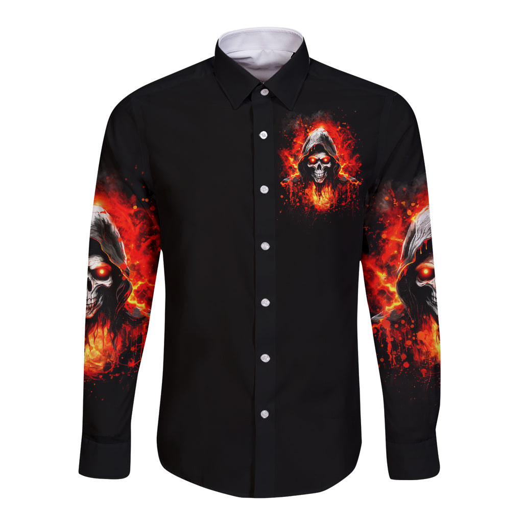 Black long-sleeve button shirt, front skull graphic with red-orange splash and side eyes