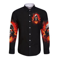 Black long-sleeve button shirt, front skull graphic with red-orange splash and side eyes