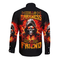 Black long-sleeve button shirt, back skull graphic with flames and orange text