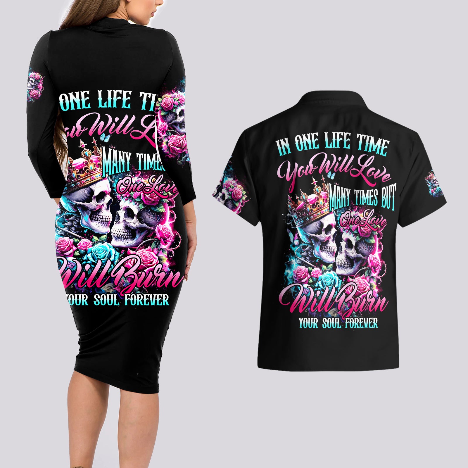 Couple Skull Couples Matching Long Sleeve Bodycon Dress and Hawaiian Shirt In One Life Time You Will Love Many Time But One Love - Wonder Print Shop