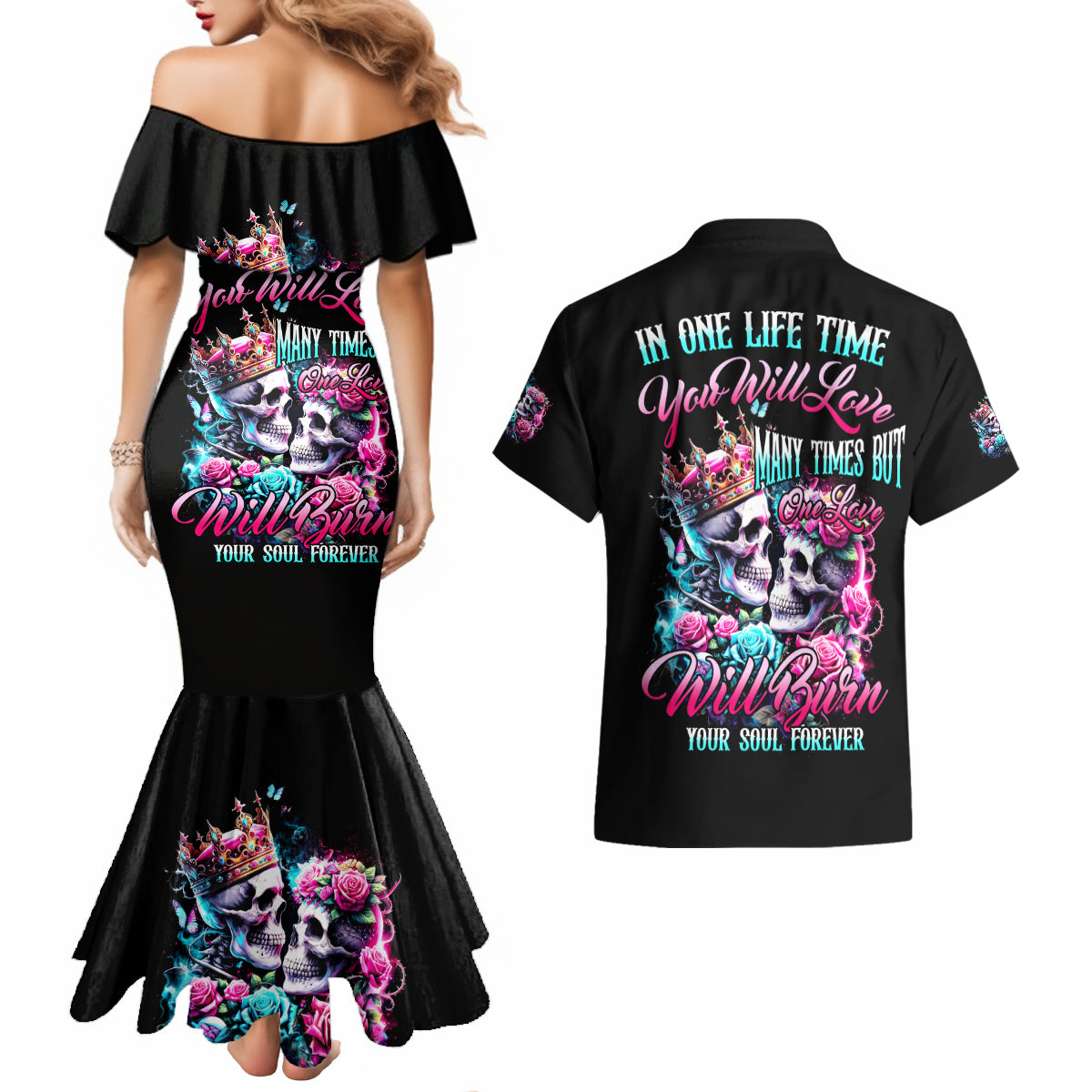 Couple Skull Couples Matching Mermaid Dress and Hawaiian Shirt In One Life Time You Will Love Many Time But One Love - Wonder Print Shop