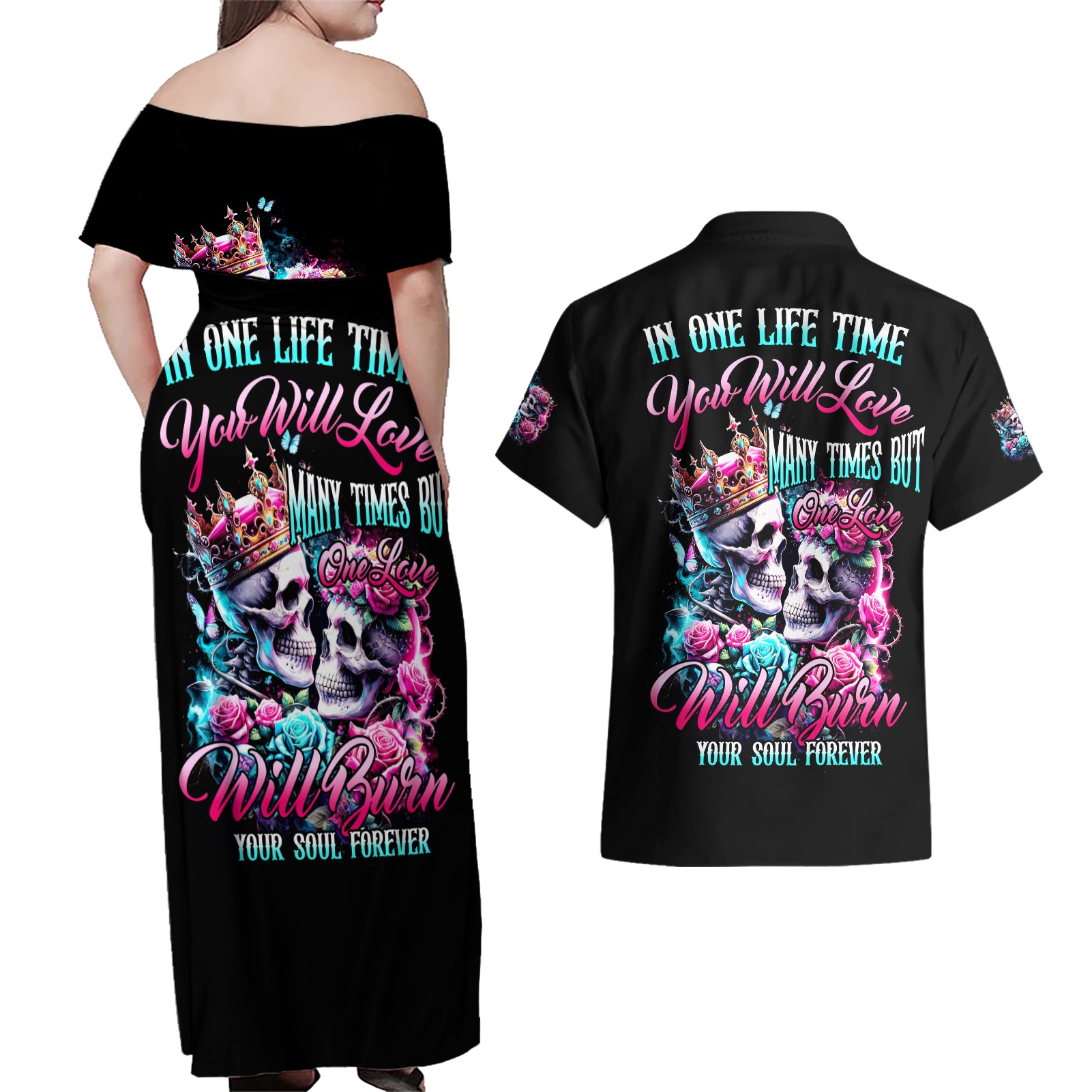 Couple Skull Couples Matching Off Shoulder Maxi Dress and Hawaiian Shirt In One Life Time You Will Love Many Time But One Love - Wonder Print Shop