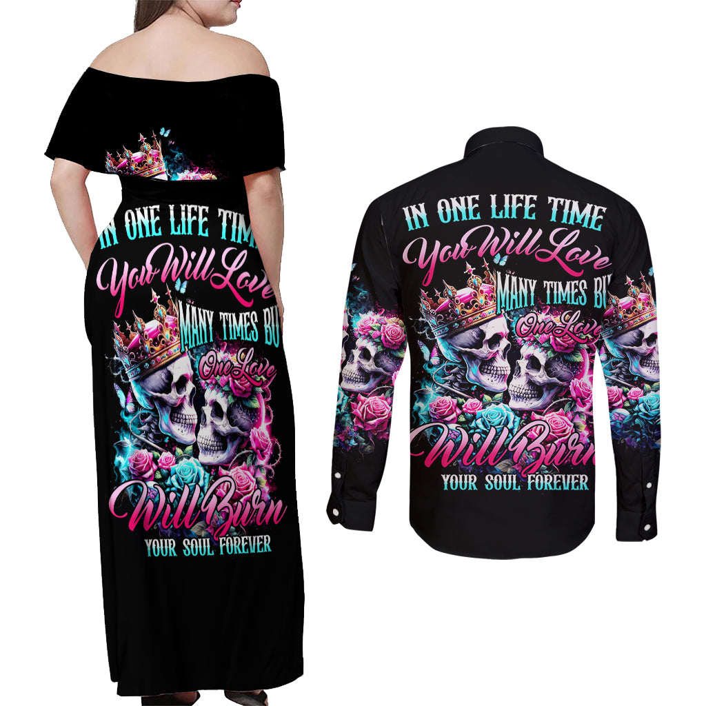 Couple Skull Couples Matching Off Shoulder Maxi Dress and Long Sleeve Button Shirt In One Life Time You Will Love Many Time But One Love - Wonder Print Shop