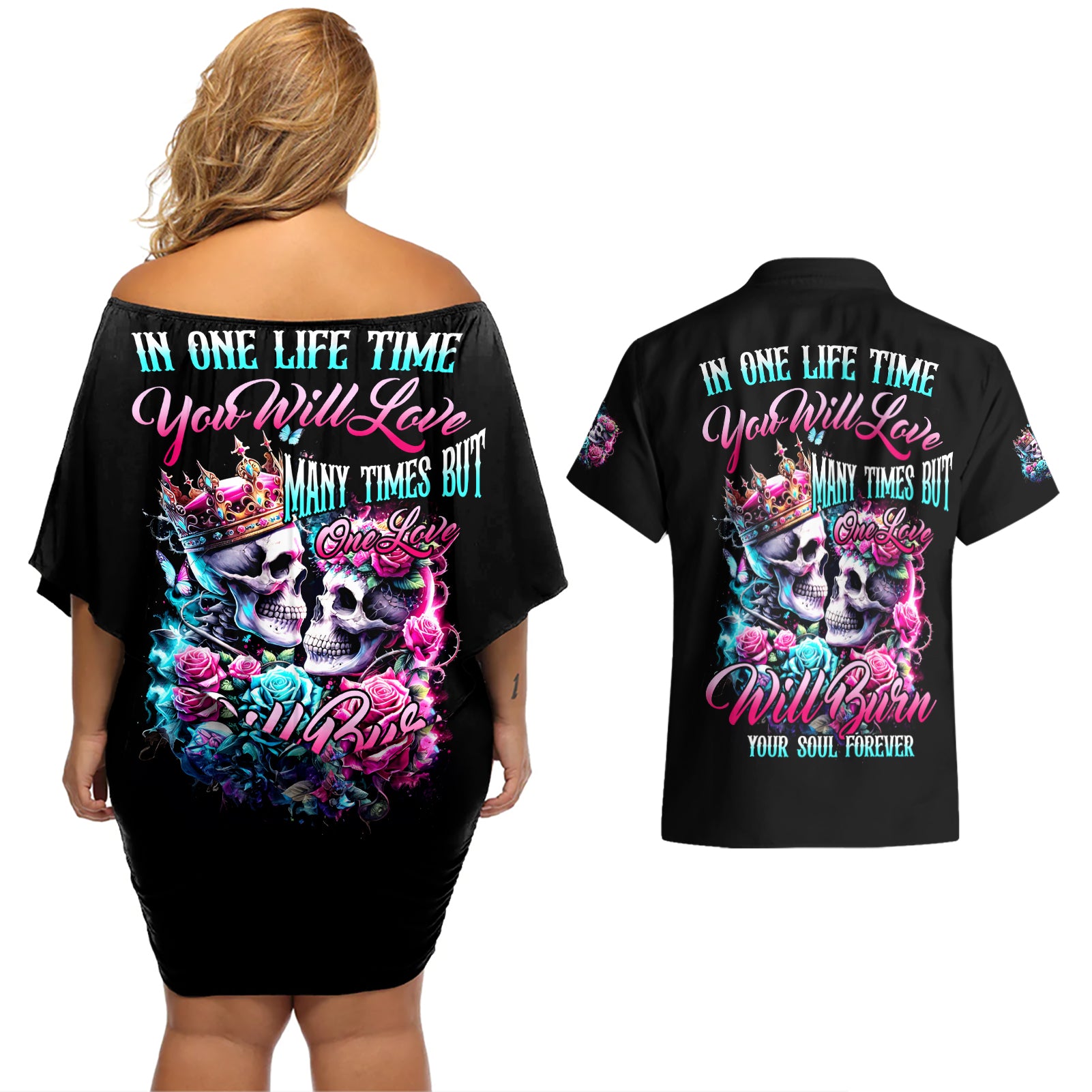 Couple Skull Couples Matching Off Shoulder Short Dress and Hawaiian Shirt In One Life Time You Will Love Many Time But One Love - Wonder Print Shop