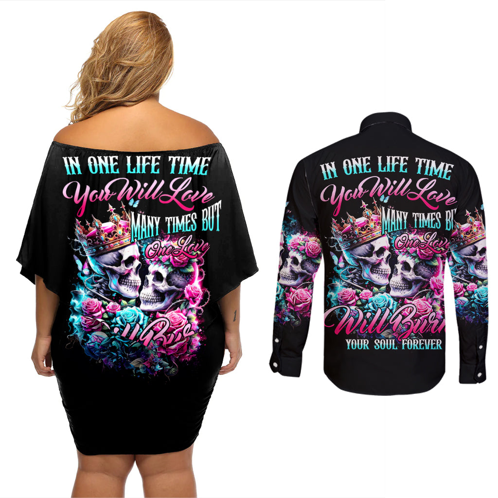 Couple Skull Couples Matching Off Shoulder Short Dress and Long Sleeve Button Shirt In One Life Time You Will Love Many Time But One Love - Wonder Print Shop