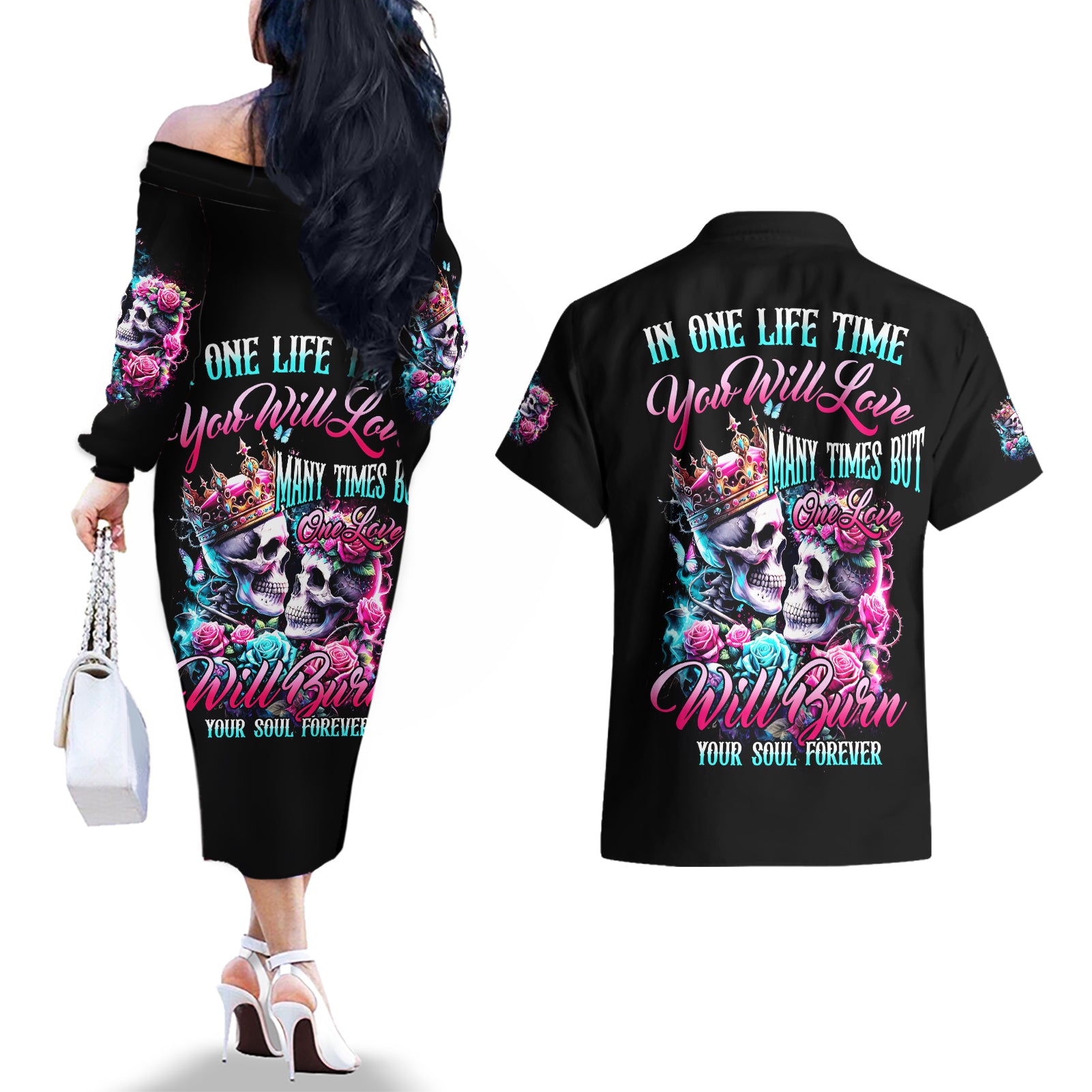 Couple Skull Couples Matching Off The Shoulder Long Sleeve Dress and Hawaiian Shirt In One Life Time You Will Love Many Time But One Love - Wonder Print Shop