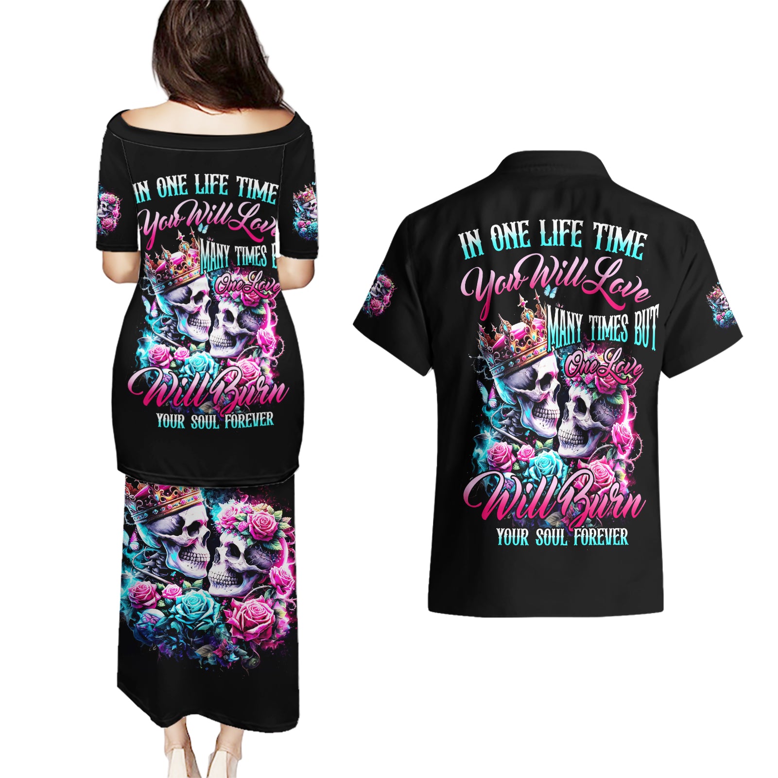 Couple Skull Couples Matching Puletasi and Hawaiian Shirt In One Life Time You Will Love Many Time But One Love - Wonder Print Shop