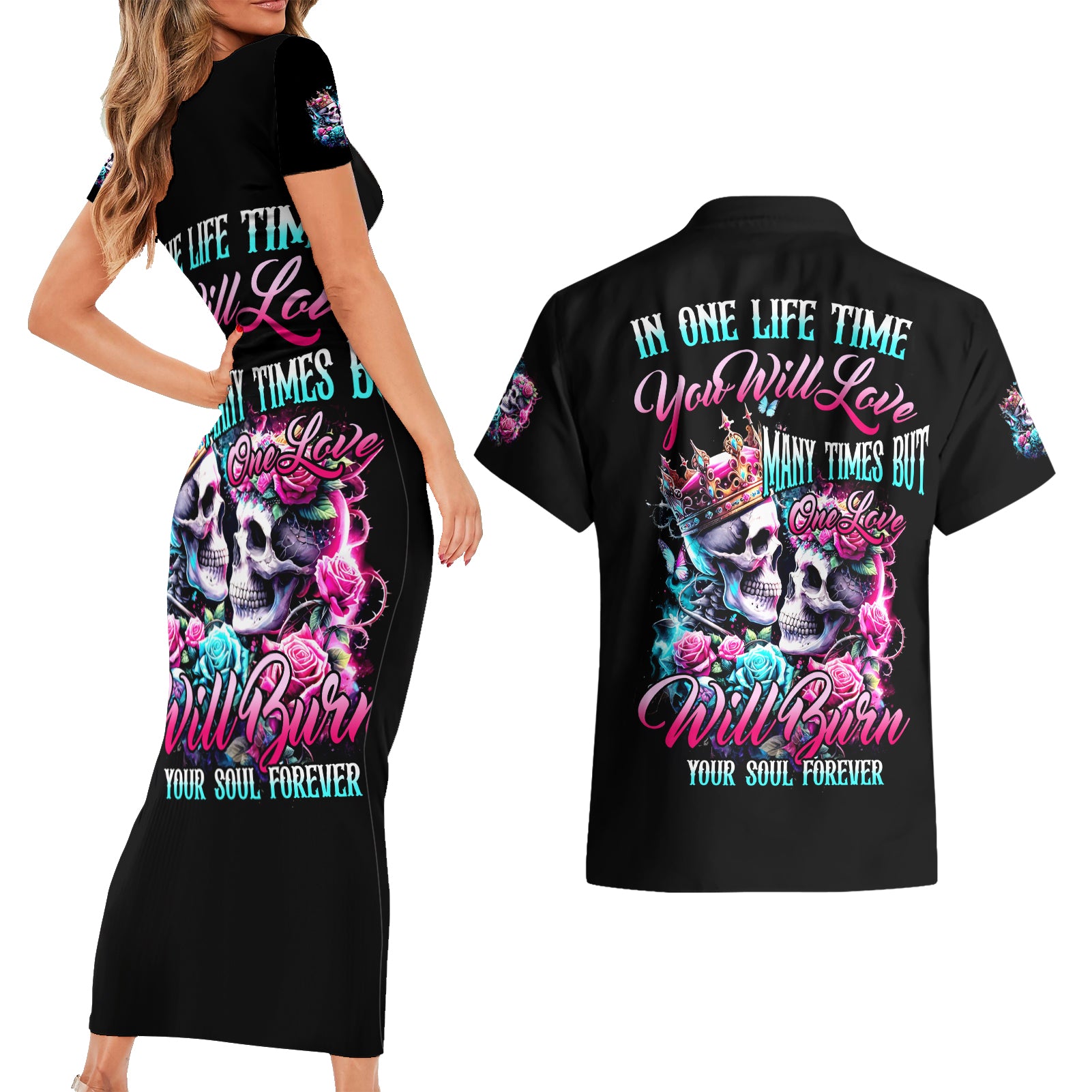 Couple Skull Couples Matching Short Sleeve Bodycon Dress and Hawaiian Shirt In One Life Time You Will Love Many Time But One Love - Wonder Print Shop