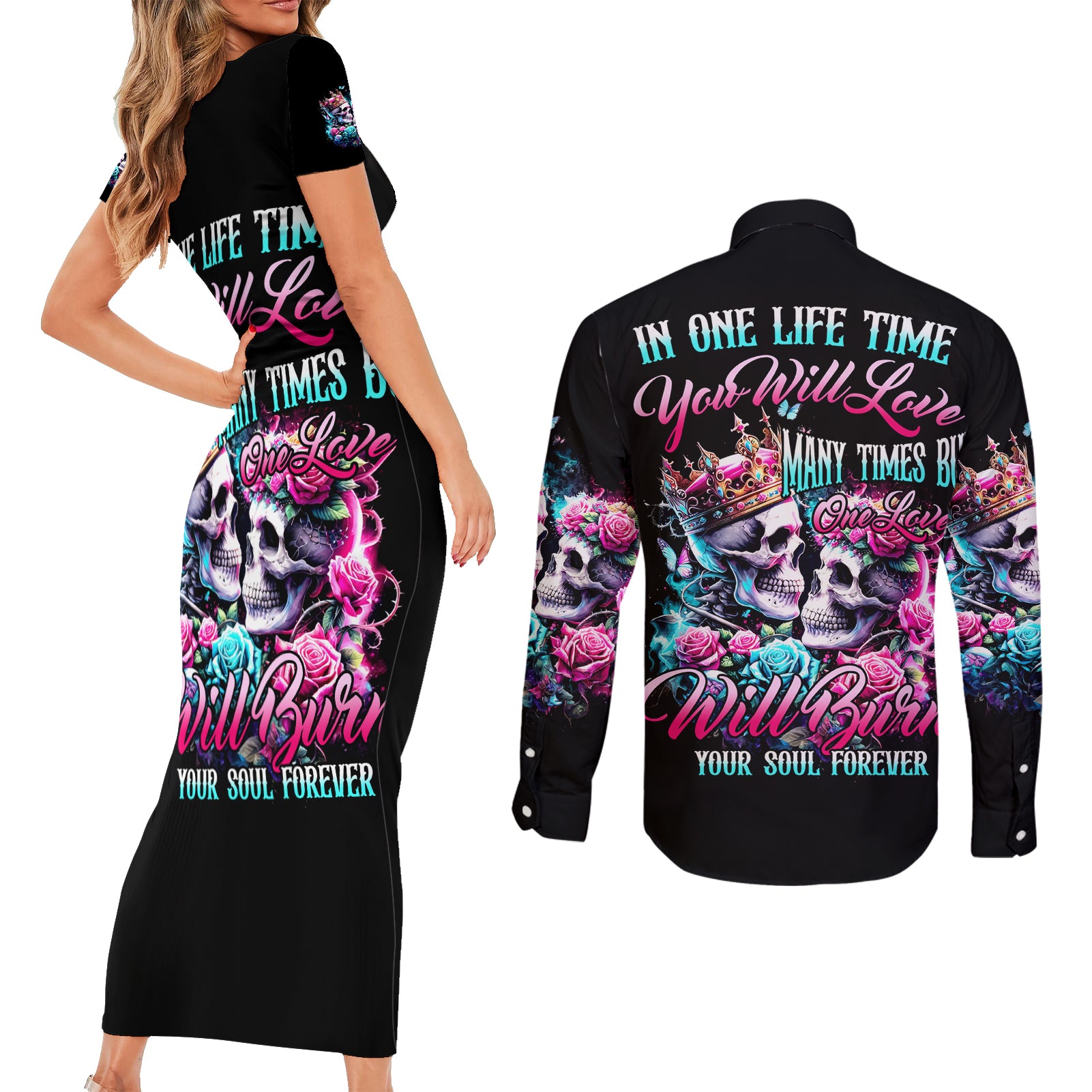 Couple Skull Couples Matching Short Sleeve Bodycon Dress and Long Sleeve Button Shirt In One Life Time You Will Love Many Time But One Love - Wonder Print Shop