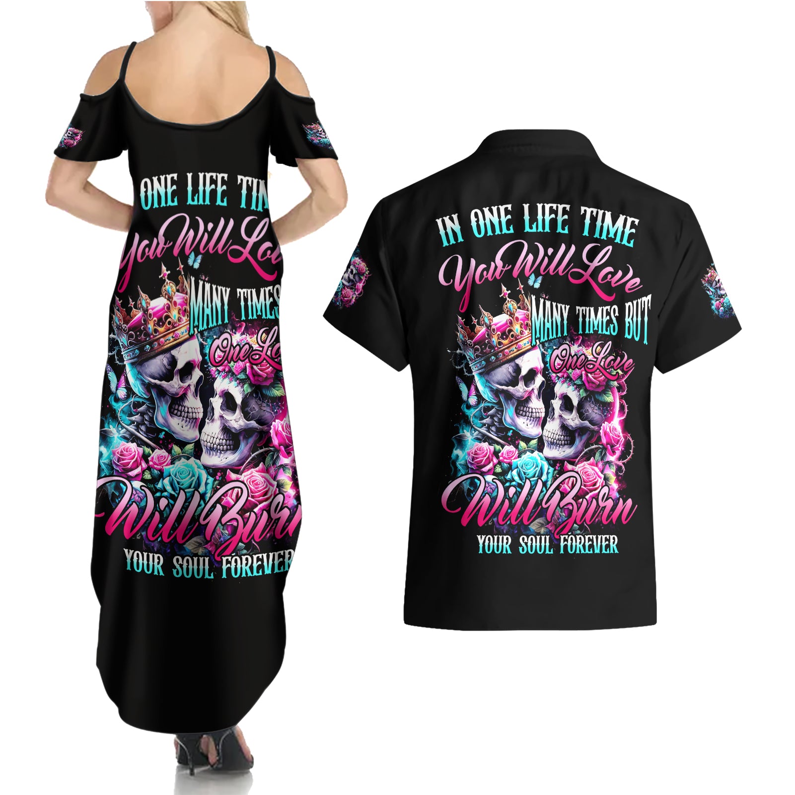 Couple Skull Couples Matching Summer Maxi Dress and Hawaiian Shirt In One Life Time You Will Love Many Time But One Love - Wonder Print Shop