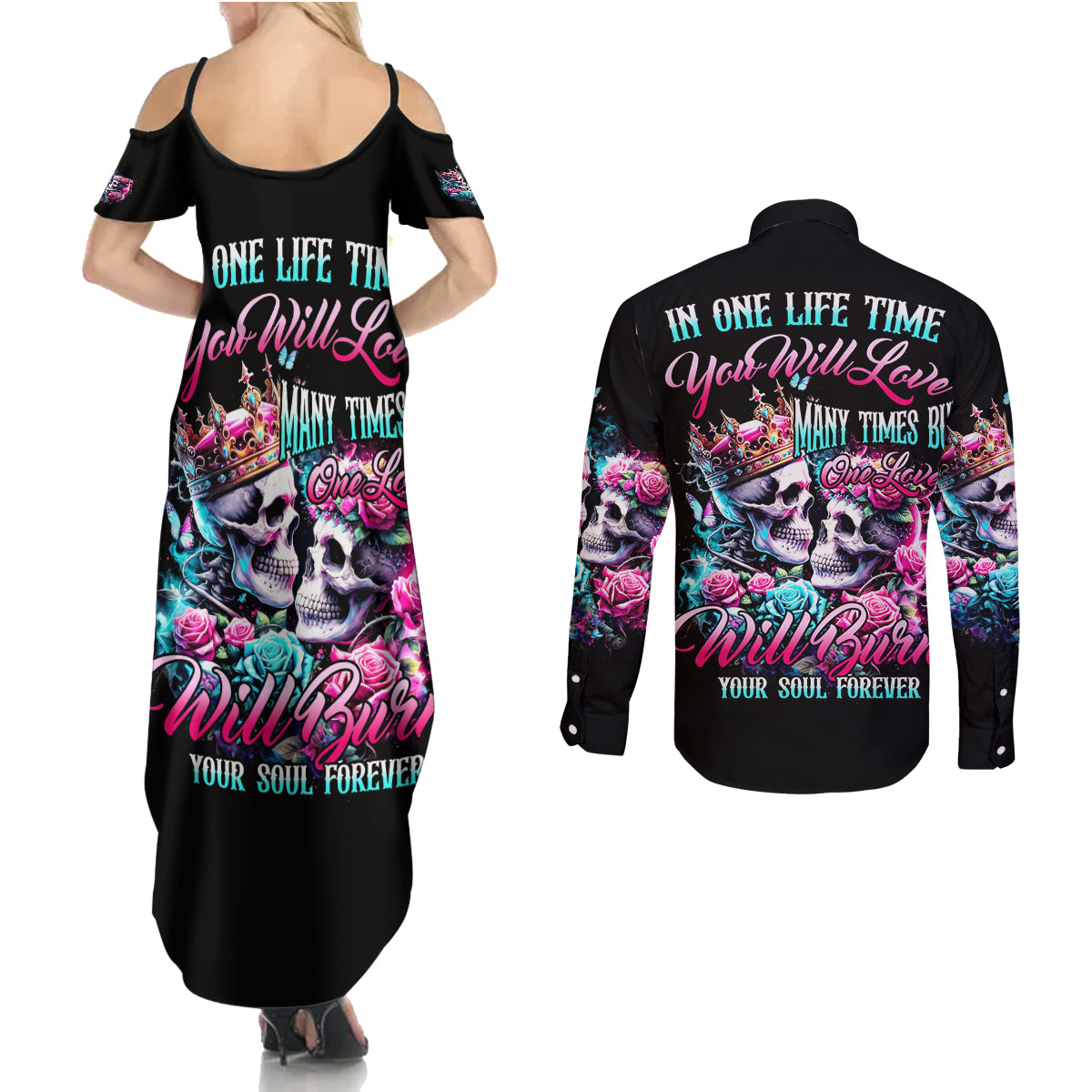 Couple Skull Couples Matching Summer Maxi Dress and Long Sleeve Button Shirt In One Life Time You Will Love Many Time But One Love - Wonder Print Shop