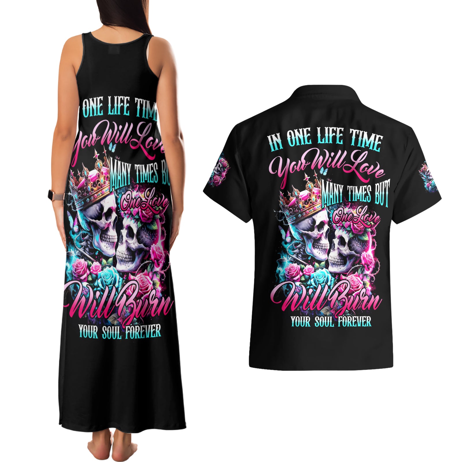 Couple Skull Couples Matching Tank Maxi Dress and Hawaiian Shirt In One Life Time You Will Love Many Time But One Love - Wonder Print Shop