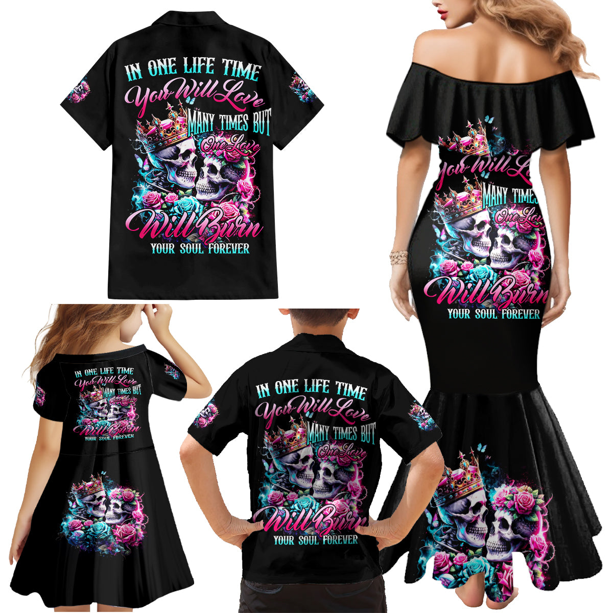 Couple Skull Family Matching Mermaid Dress and Hawaiian Shirt In One Life Time You Will Love Many Time But One Love - Wonder Print Shop