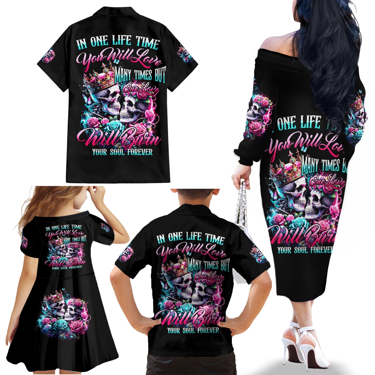 Couple Skull Family Matching Off Shoulder Long Sleeve Dress and Hawaiian Shirt In One Life Time You Will Love Many Time But One Love - Wonder Print Shop