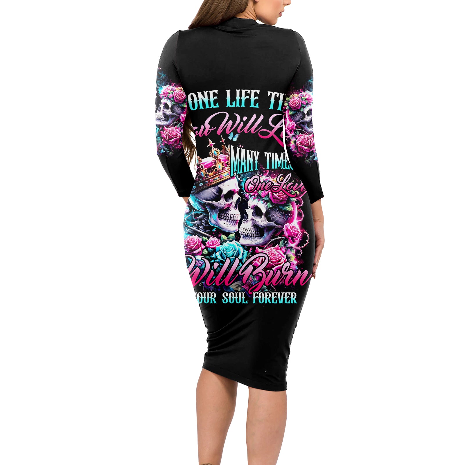 Couple Skull Long Sleeve Bodycon Dress In One Life Time You Will Love Many Time But One Love - Wonder Print Shop