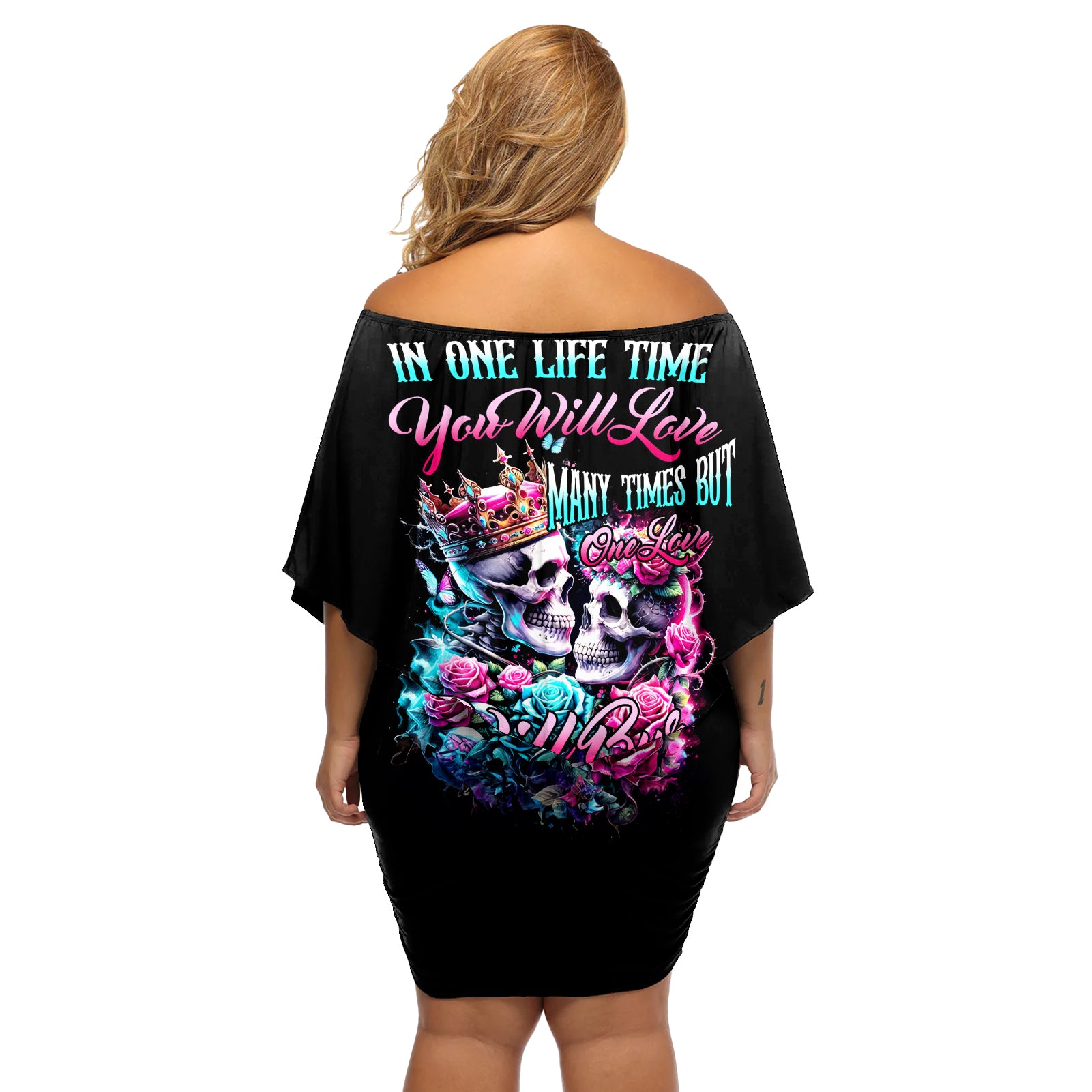 Couple Skull Off Shoulder Short Dress In One Life Time You Will Love Many Time But One Love - Wonder Print Shop