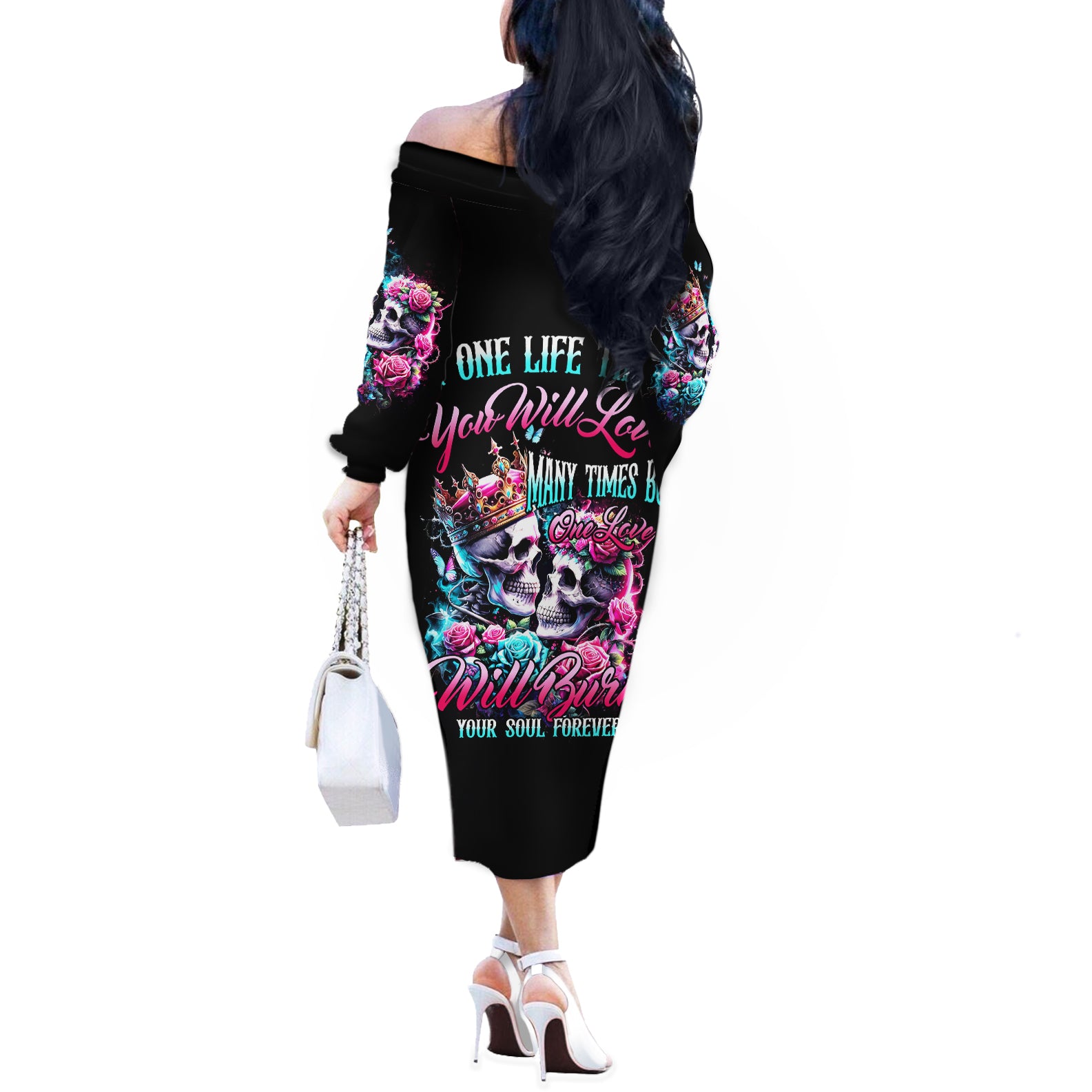 Couple Skull Off The Shoulder Long Sleeve Dress In One Life Time You Will Love Many Time But One Love - Wonder Print Shop