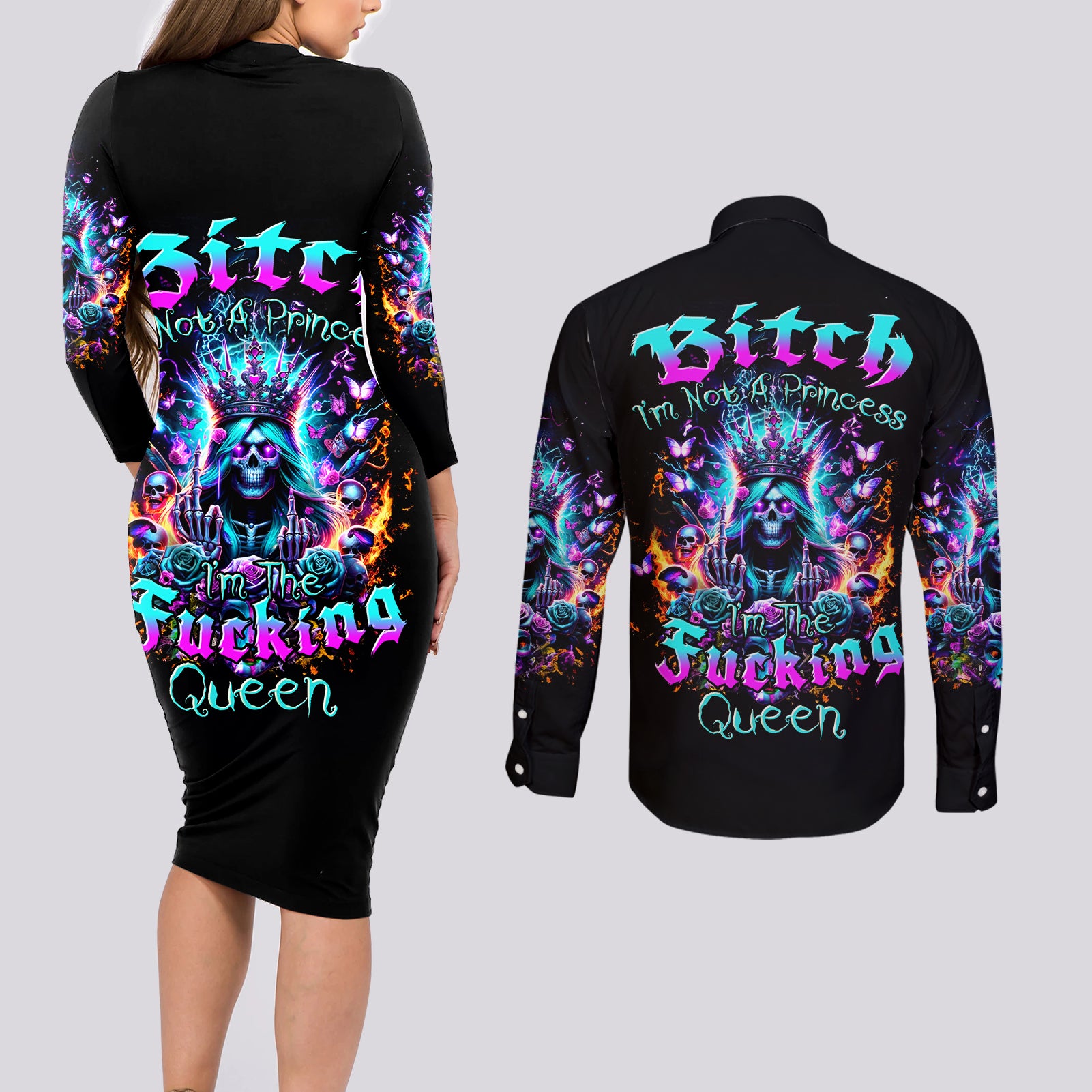 Queen Skull Couples Matching Long Sleeve Bodycon Dress and Long Sleeve Button Shirt Bitch I'm Not A Princess I'm The Fucking Queen - Wonder Print Shop