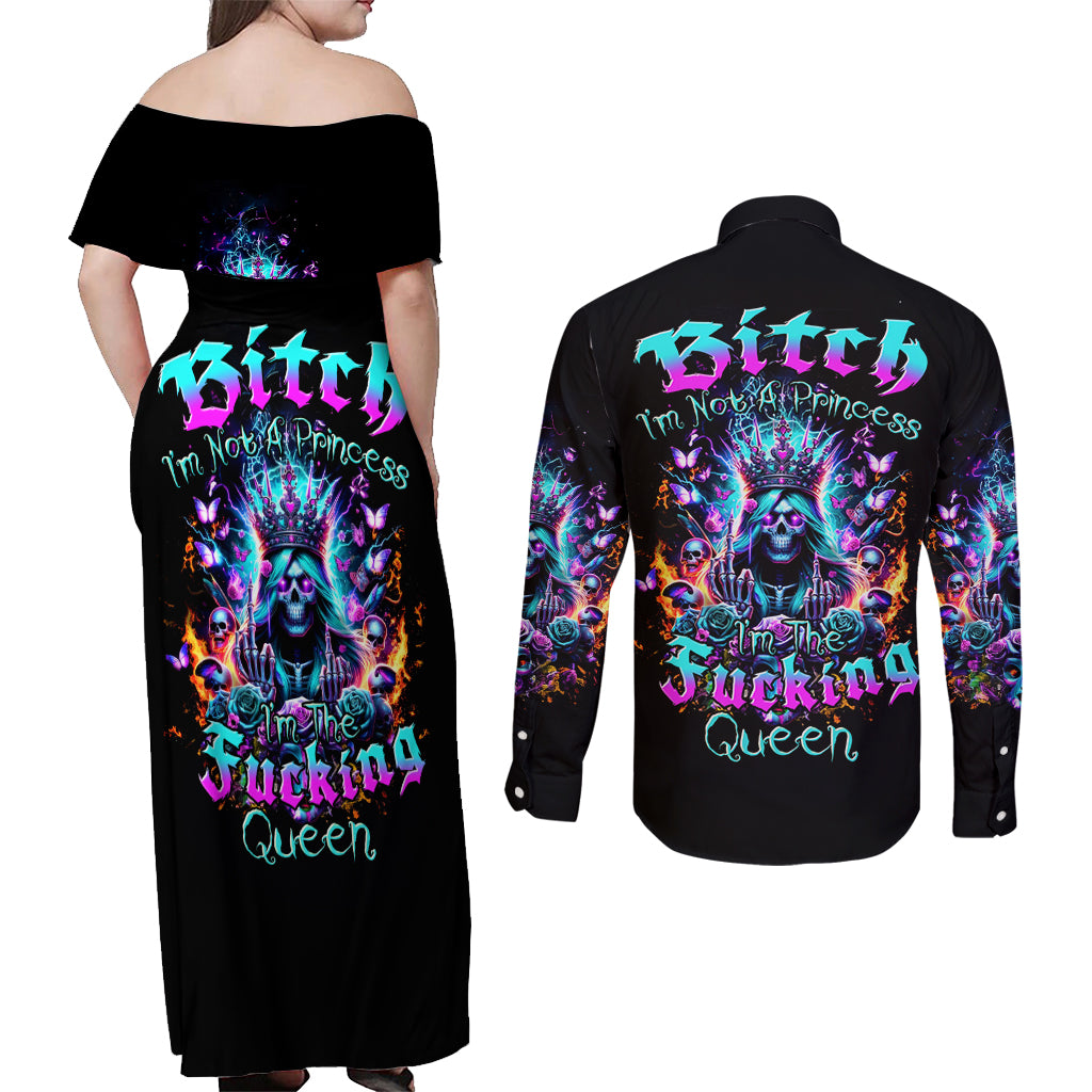 Queen Skull Couples Matching Off Shoulder Maxi Dress and Long Sleeve Button Shirt Bitch I'm Not A Princess I'm The Fucking Queen - Wonder Print Shop