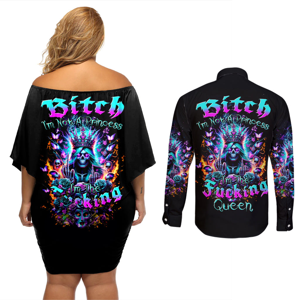 Queen Skull Couples Matching Off Shoulder Short Dress and Long Sleeve Button Shirt Bitch I'm Not A Princess I'm The Fucking Queen - Wonder Print Shop