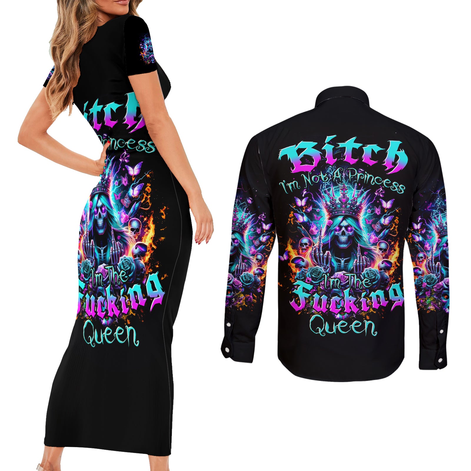 Queen Skull Couples Matching Short Sleeve Bodycon Dress and Long Sleeve Button Shirt Bitch I'm Not A Princess I'm The Fucking Queen - Wonder Print Shop