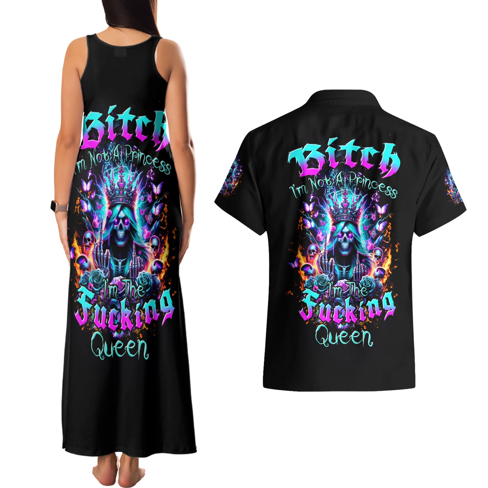 Queen Skull Couples Matching Tank Maxi Dress and Hawaiian Shirt Bitch I'm Not A Princess I'm The Fucking Queen - Wonder Print Shop